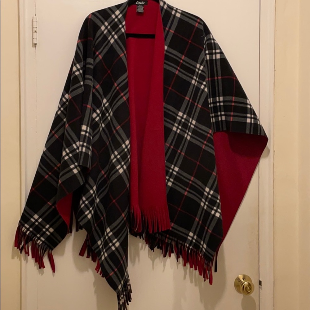 Dark plaid and red poncho